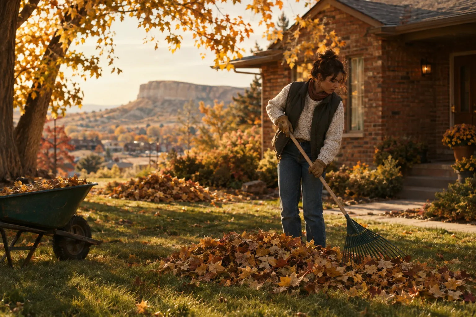 Raked piles of golden autumn leaves on a lawn in front of a brick home
