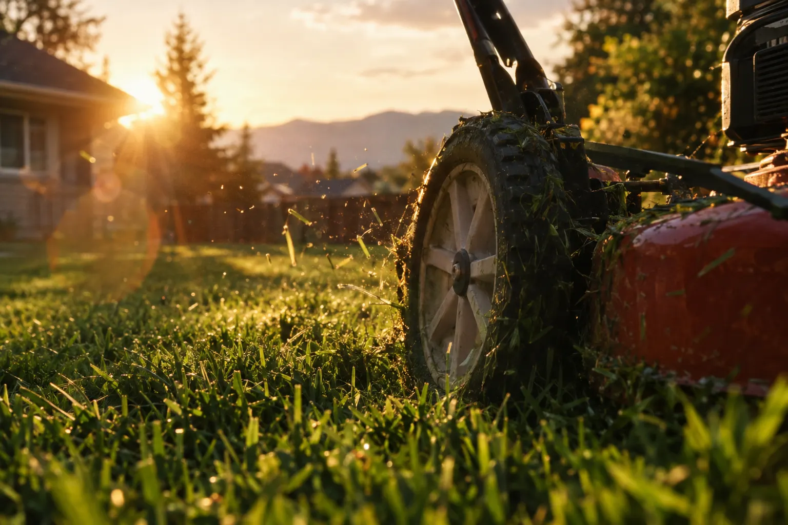 Close view of a mower wheel rolling through thick green grass in evening light