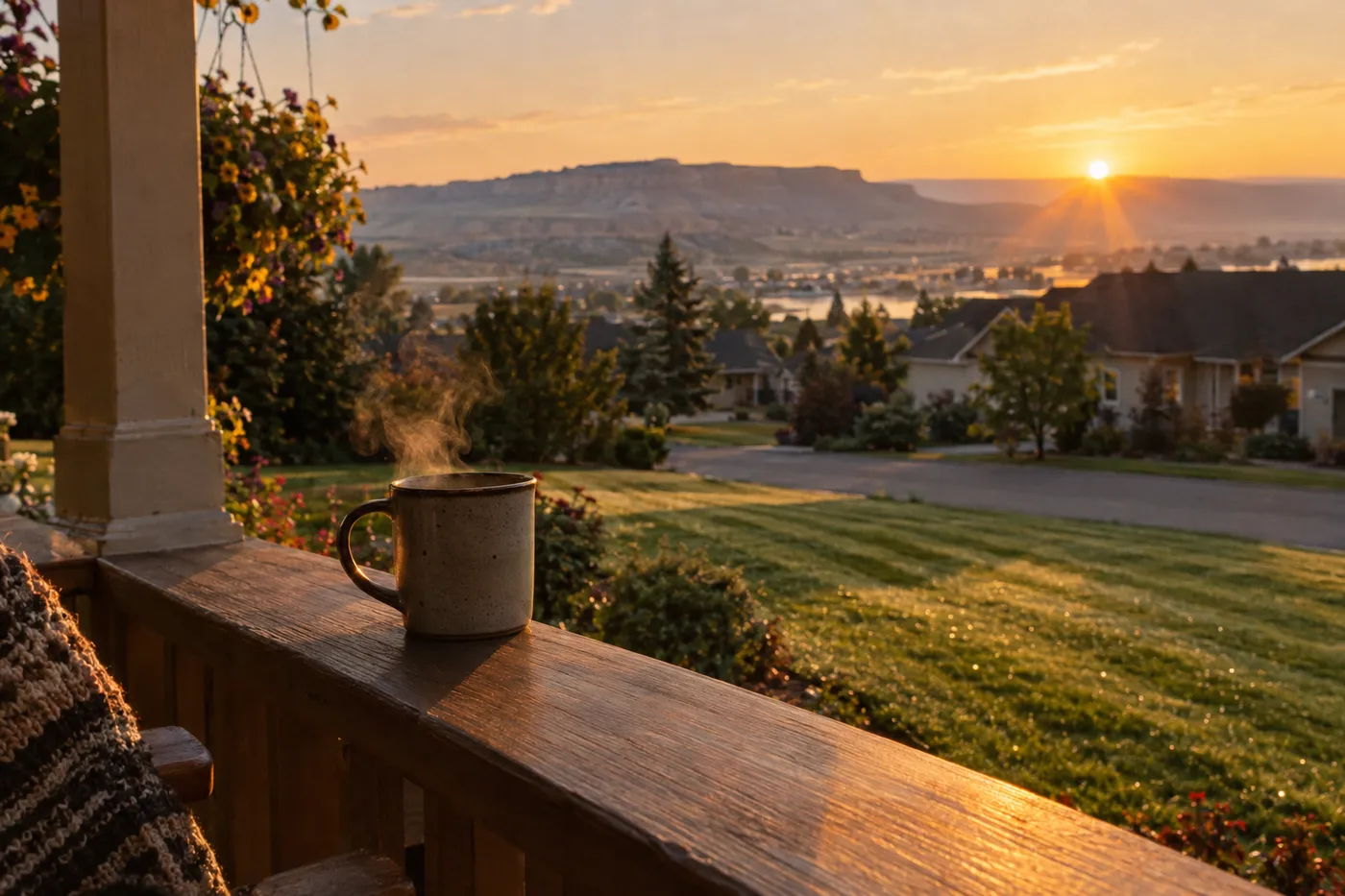 A cup of coffee on a porch railing looking out over a freshly mowed lawn at sunrise