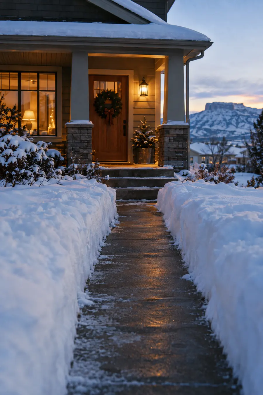 A cleanly shoveled front walk leading to a porch with a glowing lantern