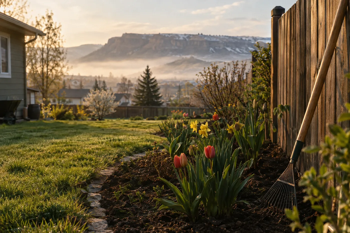 Cleared spring flower beds with tulips coming up