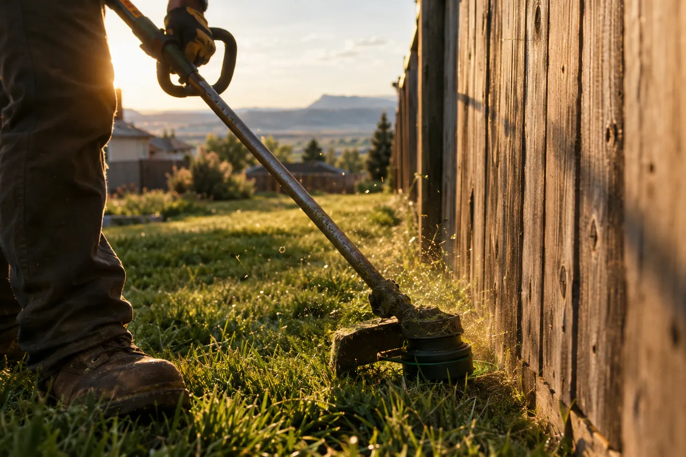 A string trimmer working along a wooden fence line in warm light